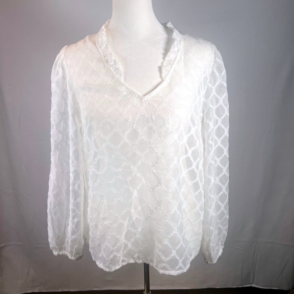 Banana Republic XS White Textured Dobby Ruffle V-Neck Blouse Semi Sheer Coquette